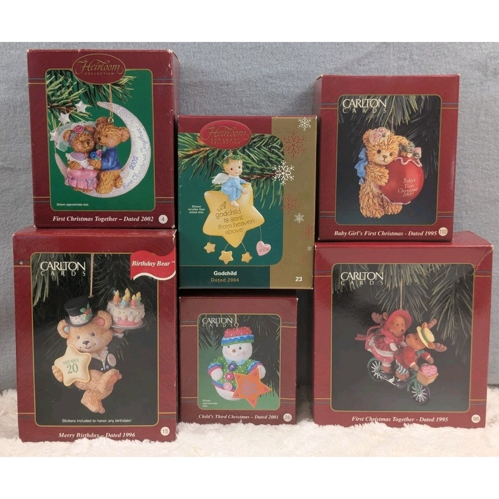 Lot of 6 Carlton Cards Heirloom Christmas Ornaments 1995-2004 Boxed Vintage